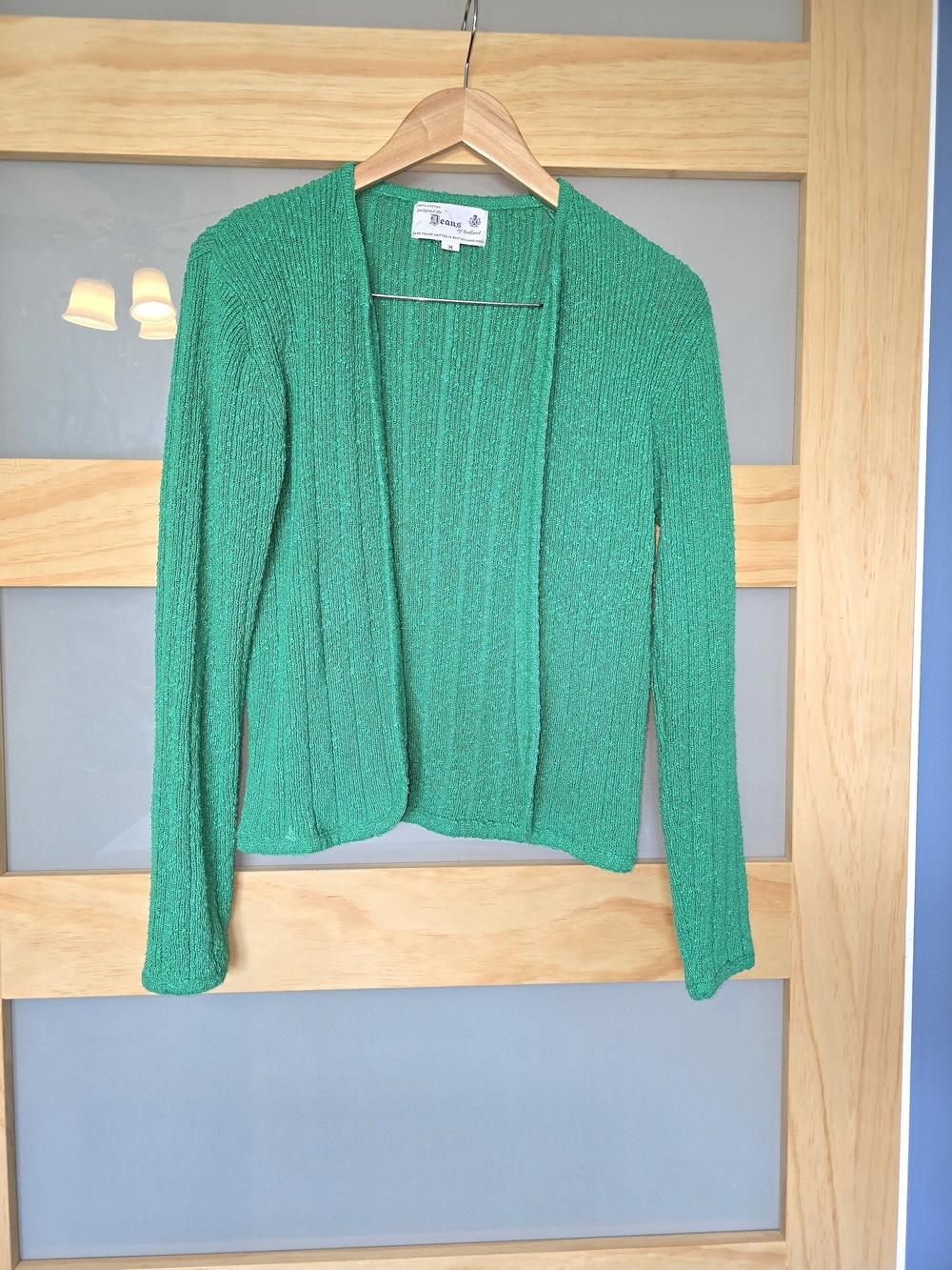 100% Cotton Vintage Open-Front Kelly Green Knit Cardigan From Deans Of Scotland